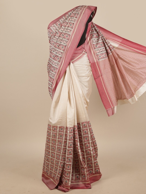 

Pothys Women Cream & Red Printed Jute Silk Saree with Blouse