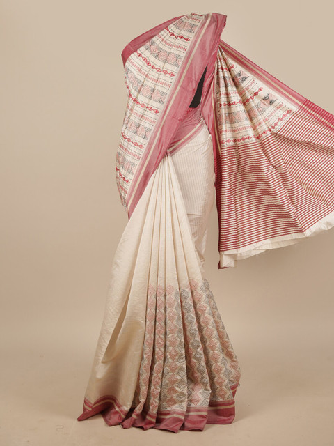 

Pothys Cream-Coloured & Red Embroidered Jute Silk Saree