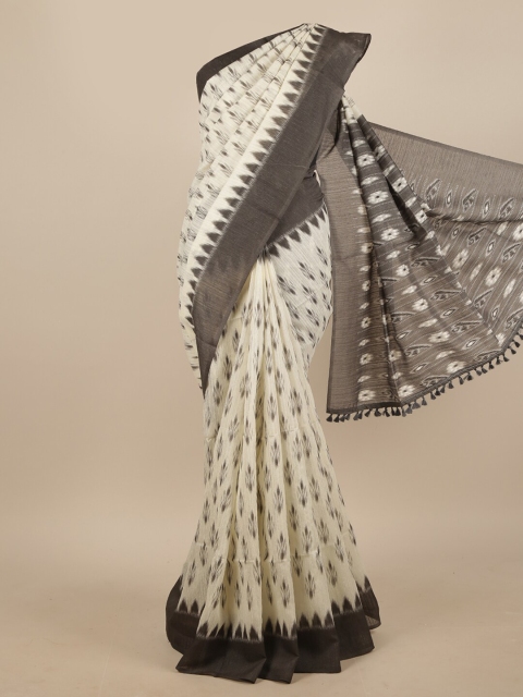 

Pothys Off White & Black Jute Silk Ikkat Print Saree