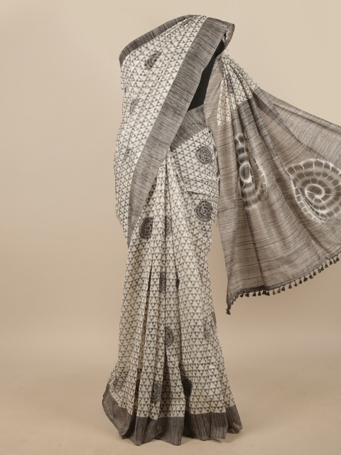 

Pothys Cream-Coloured & Grey Printed Jute Silk Saree