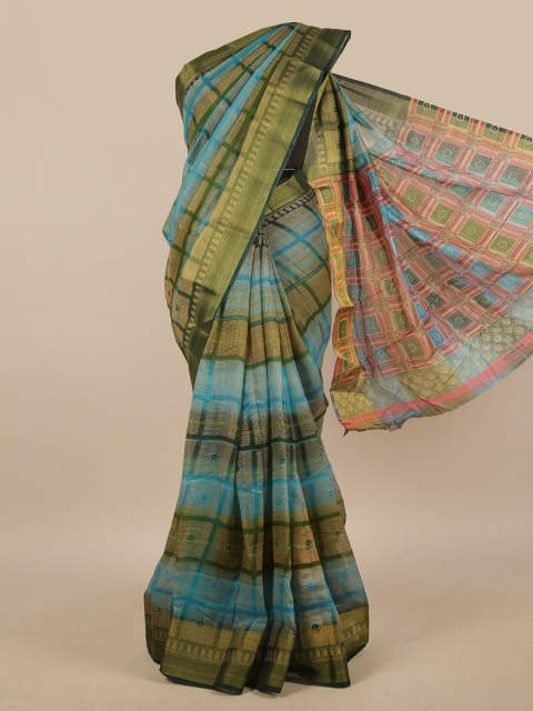 

Pothys Green & Blue Cotton Blend Checked Saree