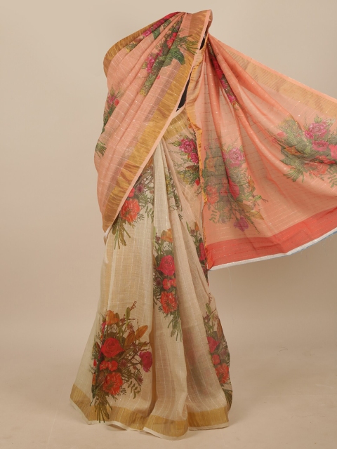 

Pothys Peach-Coloured & Red Floral Linen Blend Saree