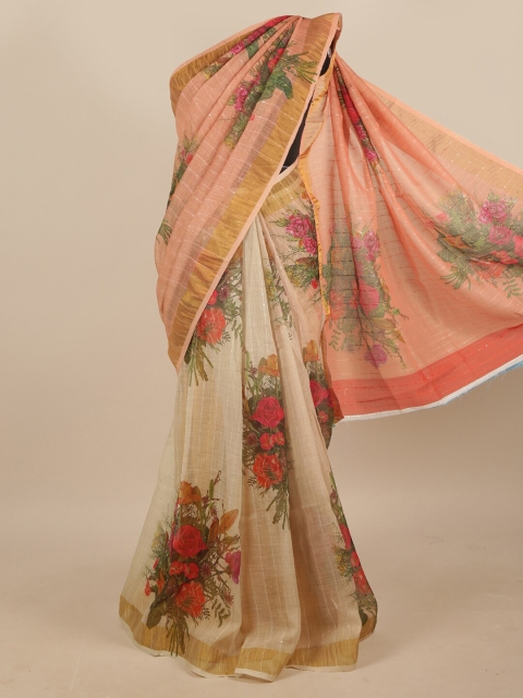 

Pothys Peach-Coloured & Green Floral Printed Linen Blend Saree