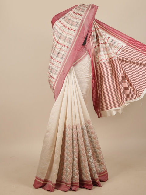 

Pothys Cream-Coloured & Pink Ethnic Motifs Jute Silk Saree