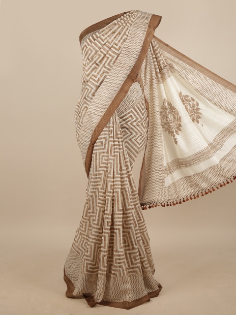 

Pothys Cream-Coloured & Brown Jute Silk Saree