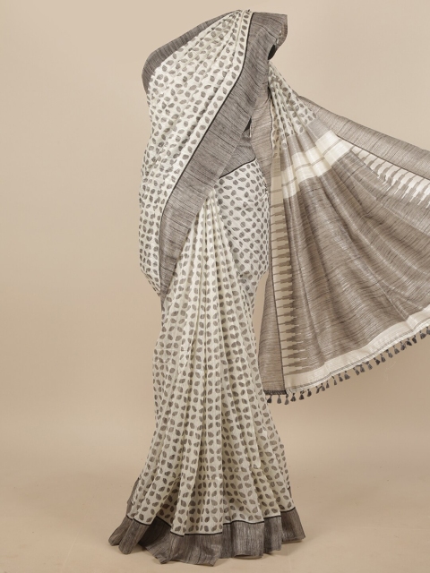 

Pothys Cream-Coloured & Grey Floral Jute Silk Saree