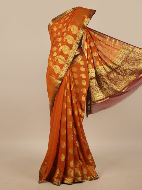 

Pothys Mustard & Gold-Toned Woven Design Zari Saree