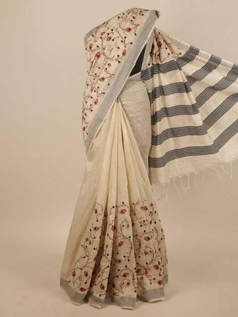 

Pothys Cream-Coloured & Red Floral Embroidered Jute Silk Saree