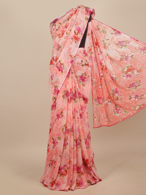 

Pothys Pink & Green Floral Poly Chiffon Saree