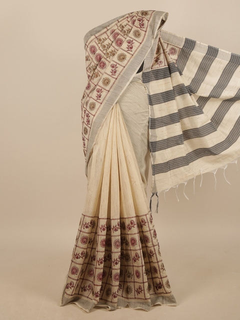 

Pothys Cream-Coloured & Pink Floral Embroidered Jute Silk Saree