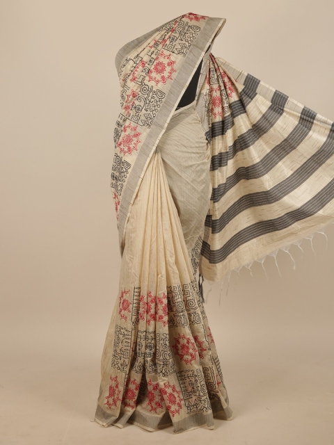 

Pothys Cream-Coloured & Black Ethnic Motifs Embroidered Jute Silk Saree