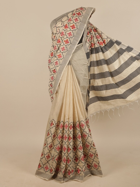 

Pothys Cream-Coloured & Red Floral Embroidered Jute Silk Saree