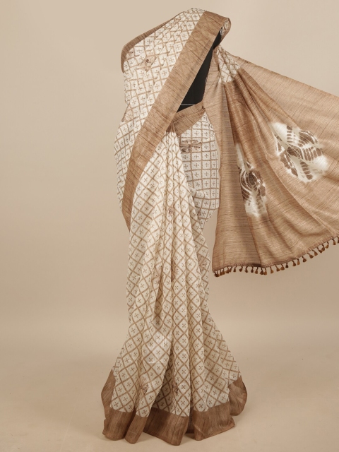 

Pothys Cream-Coloured & Brown Ethnic Motifs Printed Jute Silk Saree