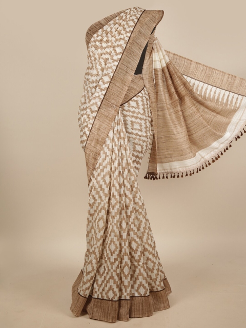 

Pothys Cream-Coloured & Brown Printed Jute Silk Saree
