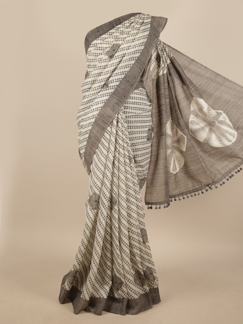 

Pothys Cream-Coloured & Grey Ethnic Motifs Jute Silk Saree