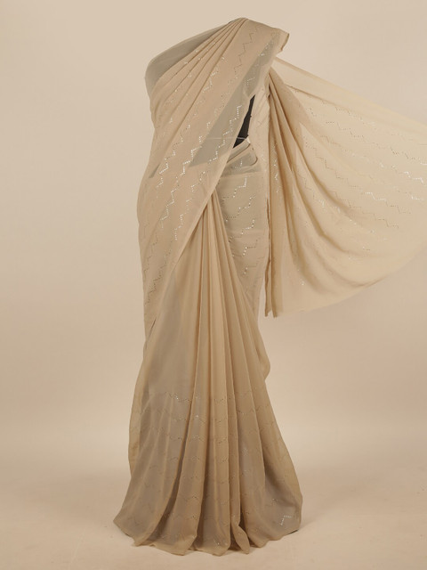 

Pothys Beige & Gold-Toned Striped Zari Poly Chiffon Saree