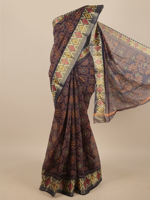 

Pothys Navy Blue & Brown Floral Cotton Blend Saree