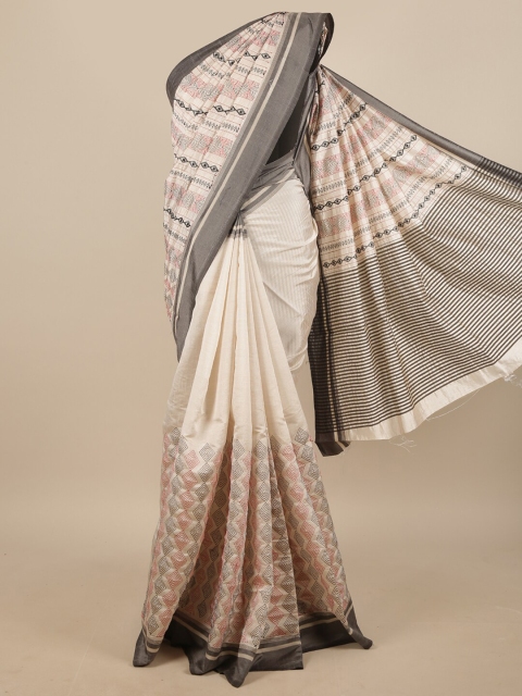 

Pothys Cream-Coloured & Grey Ethnic Motifs Jute Silk Saree