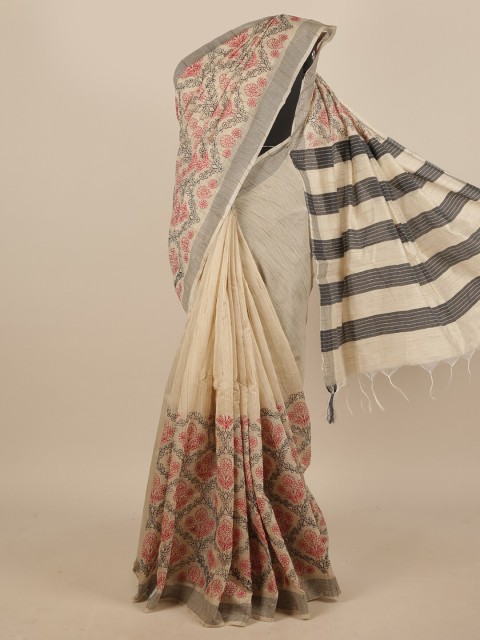 

Pothys Cream-Coloured & Red Floral Printed Jute Silk Saree