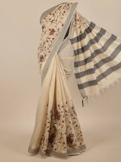 

Pothys Cram-Coloured & Grey Jute Silk Floral Embroidered Saree, Cream