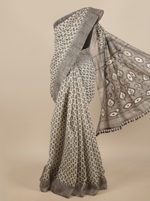 

Pothys Cream-Coloured & Grey Floral Jute Silk Saree