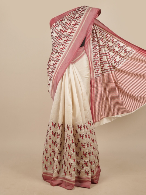 

Pothys Women Cream & Red Printed Jute Silk Saree with Blouse