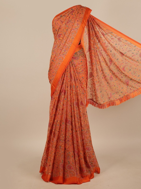 

Pothys Orange & Blue Floral Embroidered Poly Chiffon Saree