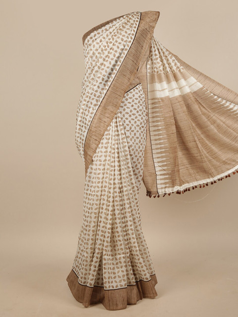 

Pothys Cream-Coloured & White Printed Jute Silk Saree