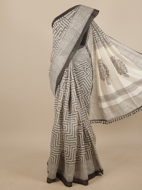 

Pothys Cream-Coloured & Grey Printed Jute Silk Saree