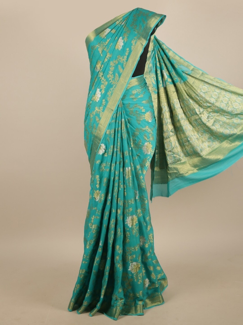 

Pothys Turquoise Blue & Gold-Coloured Floral Woven Design Zari Saree