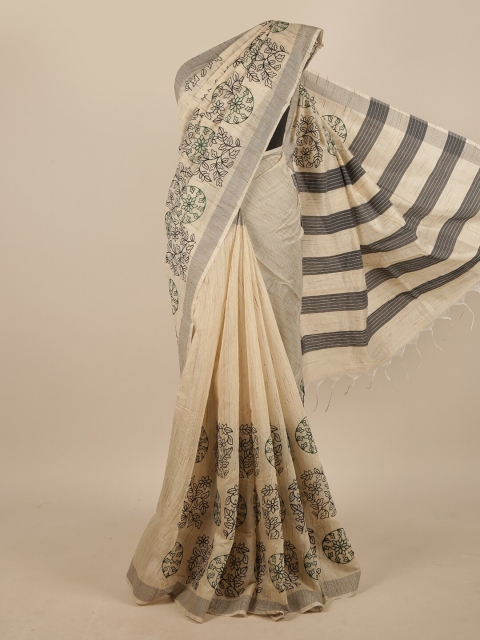 

Pothys Cream-Coloured & Black Floral Jute Silk Saree