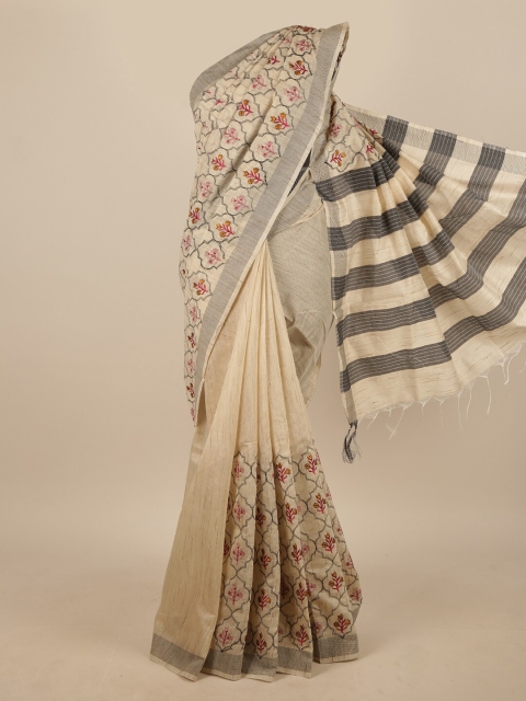 

Pothys Cream-Coloured & Grey Ethnic Motifs Embroidered Jute Silk Saree