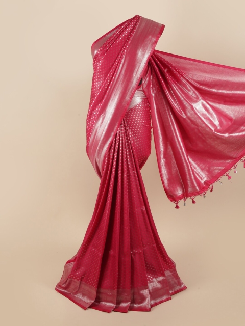 

Pothys Pink & Silver-Toned Woven Design Zari Pure Silk Banarasi Saree