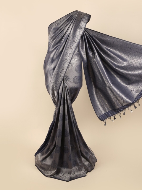 

Pothys Navy Blue & Silver-Coloured Ethnic Motifs Zari Pure Silk Banarasi Saree