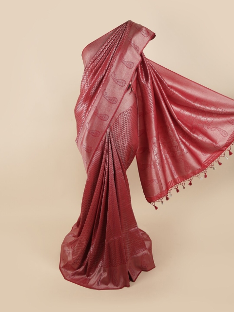 

Pothys Red & Silver-Toned Floral Zari Pure Silk Banarasi Saree
