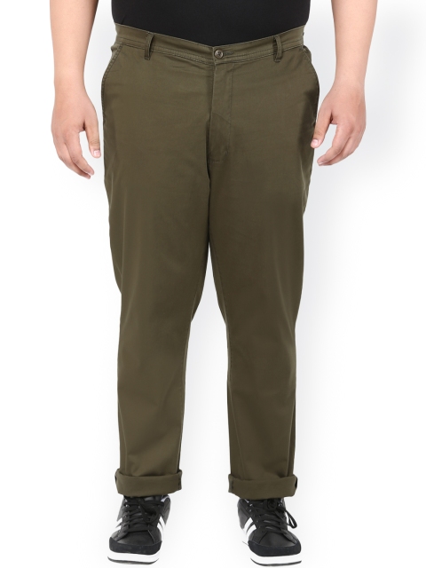 

plusS Men Olive Green Solid Smart Fit Flat-Front Trousers