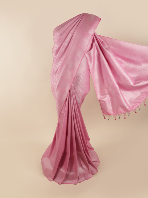 

Pothys Pink & Silver-Toned Woven Design Zari Pure Silk Banarasi Saree