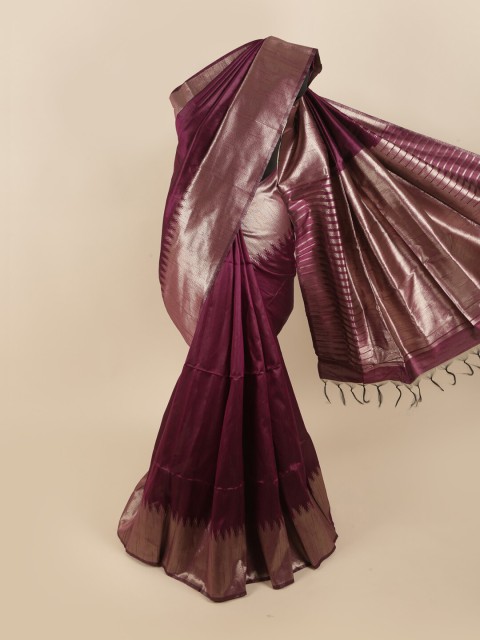

Pothys Purple & Silver-Toned Solid Zari Jute Silk Saree