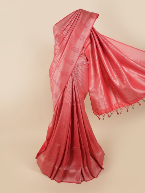 

Pothys Pink & Silver-Toned Woven Design Zari Pure Silk Banarasi Saree