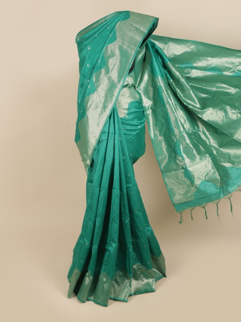 

Pothys Green & Silver-Toned Woven Design Art Dupion Jute Silk Saree