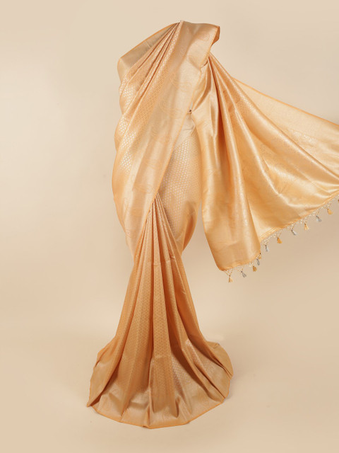 

Pothys Peach-Coloured & Gold-Toned Woven Design Zari Pure Silk Banarasi Saree