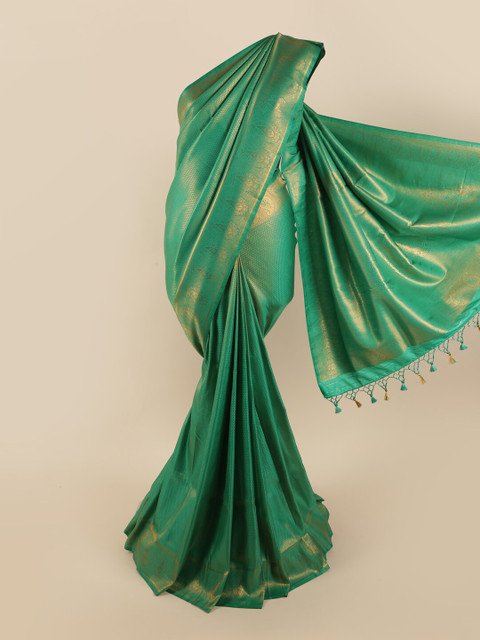 

Pothys Green & Gold-Toned Ethnic Motifs Zari Pure Silk Banarasi Saree