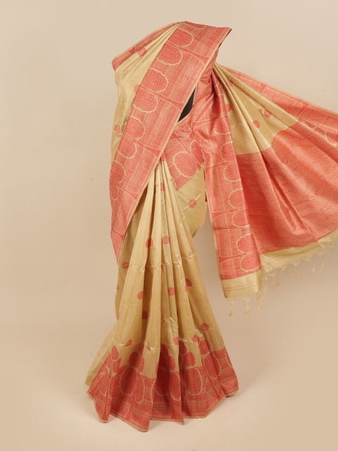 

Pothys Women Cream & Red Jute Silk Saree with Blouse