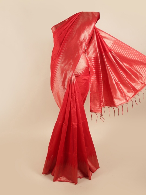 

Pothys Red & Silver-Toned Woven Design Zari Jute Silk Saree