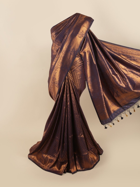 

Pothys Navy Blue & Gold-Toned Floral Zari Pure Silk Banarasi Saree