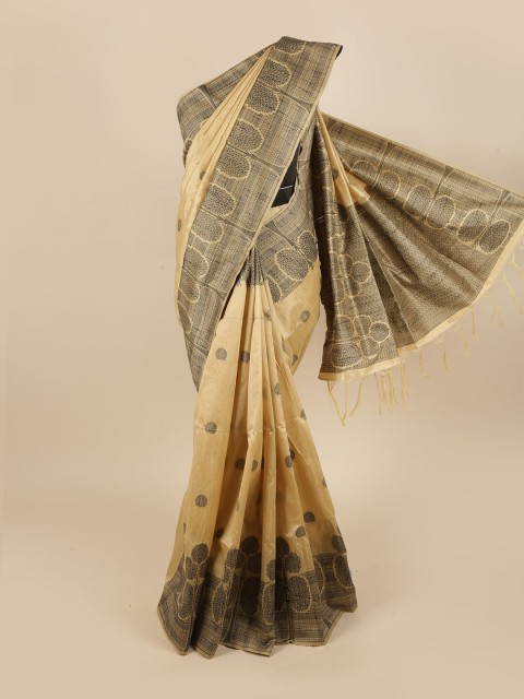 

Pothys Cream-Coloured & Black Woven Design Jute Silk Saree