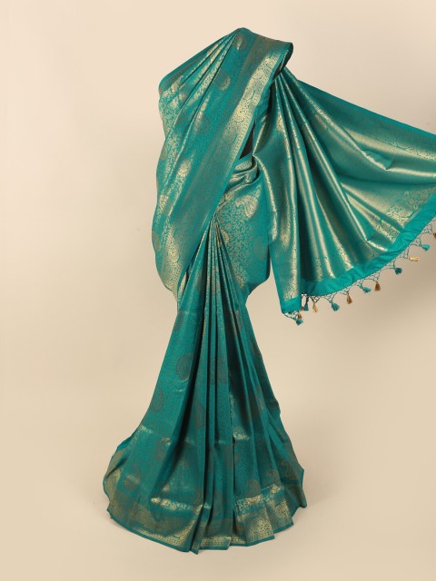 

Pothys Sea Green & Gold-Toned Ethnic Motifs Zari Pure Silk Banarasi Saree