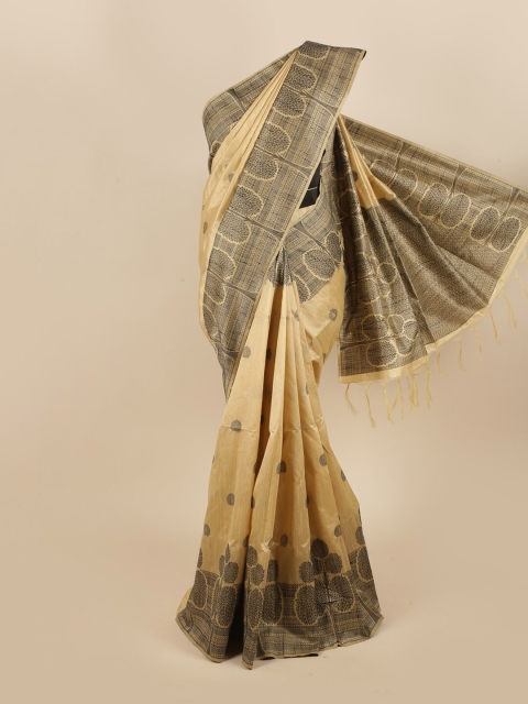 

Pothys Cream-Coloured & Black Woven Design Jute Silk Saree