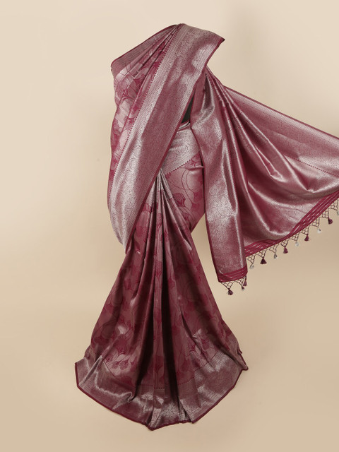 

Pothys Purple & Silver-Toned Woven Design Zari Pure Silk Banarasi Saree