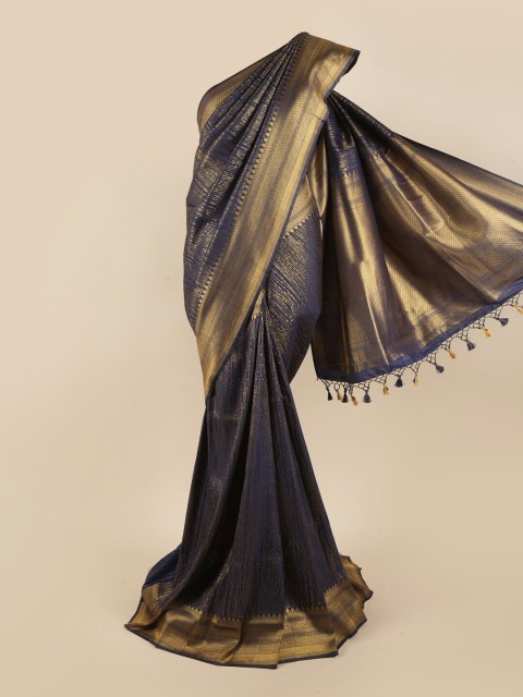 

Pothys Navy Blue & Gold-Toned Ethnic Motifs Zari Pure Silk Banarasi Saree